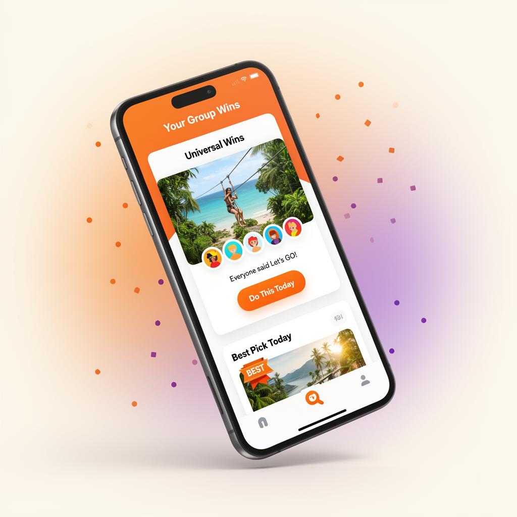 TripFuego app on a phone showing Universal Wins for a vacation